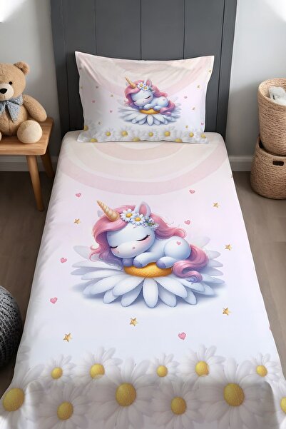 EVPANYA Papatyalı Unicorn Desenli Yatak Örtüsü ve Yastık Kılıfı