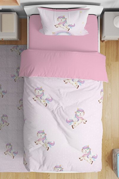 EVPANYA Pembe Ponçik Unicorn Desenli Tek Kişilik Bebek Çocuk Nevresim Takımı