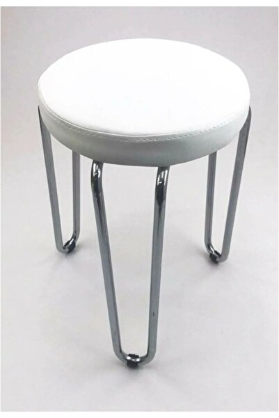 White Furniture 2 Adet Beyaz Metal Ayaklı Deri Tabure Üç Bacak