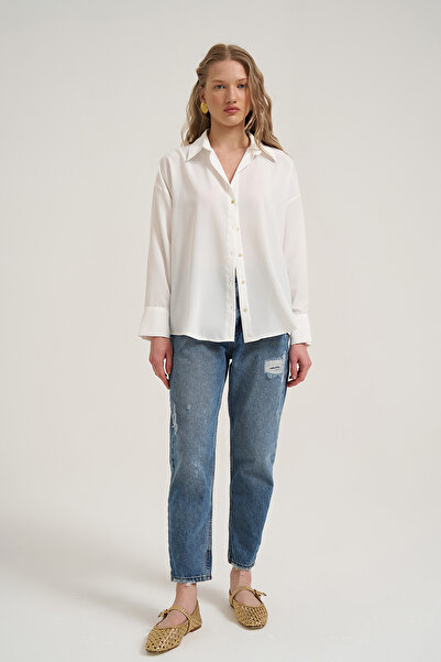 Quzu Düğmeli Basic Gömlek Ekru