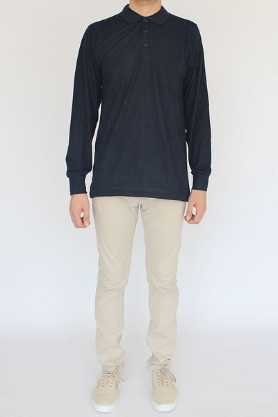 nobility jean Men's Long Sleeve Navy Blue Polo Collar Tshirt Seasonal Cotton Casual Cut Pocket Dad T-Shirt