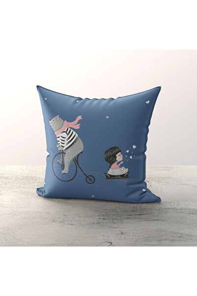 Talia Home Husă de pernă decorativă pentru cameră pentru copii cu model de ursuleț și fată cu biciclete, 3 piese TLAKR-183