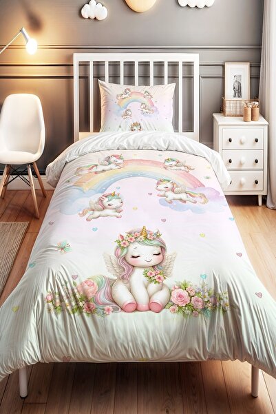 EVPANYA Çiçek Taçlı Unicornlar Desenli Tek Kişilik Bebek Çocuk Nevresim Seti