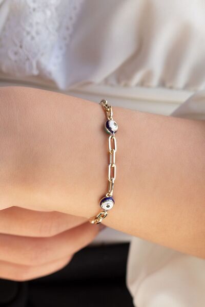 Cenova Jewelry 14 Ayar Altın Ataç Zincirli Çift Renkli Nazar Boncuklu Kadın B...