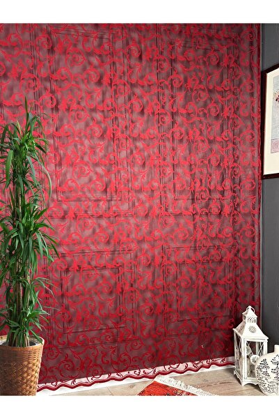 Evdepo Home Taç Pilesiz Düz Dikim, Ekstrafor Büzgü, Tül Perde Tek Kanat - Kırmızı