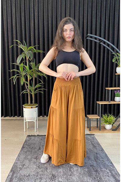 ESPOİRPLUS Women's Mustard Color Gathered Lycra Woven Trouser Skirt