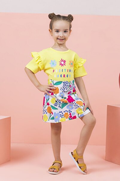 DMB KİDS Yellow Floral Patterned Girl's Shorts Skirt Set