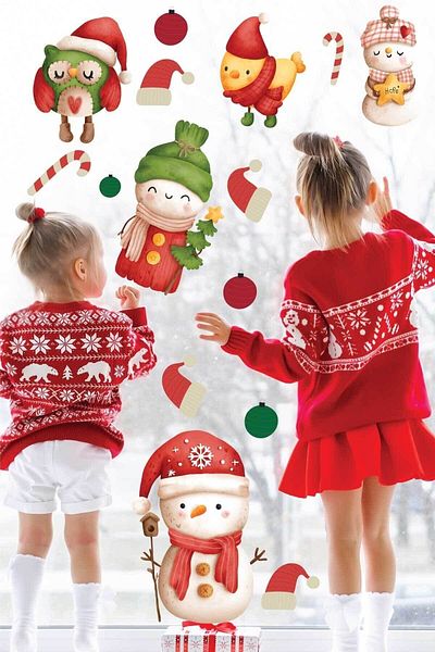 Dijitalya 30 Pieces Christmas Themed Snowman And Birds New Year Kids Room Sticker Set