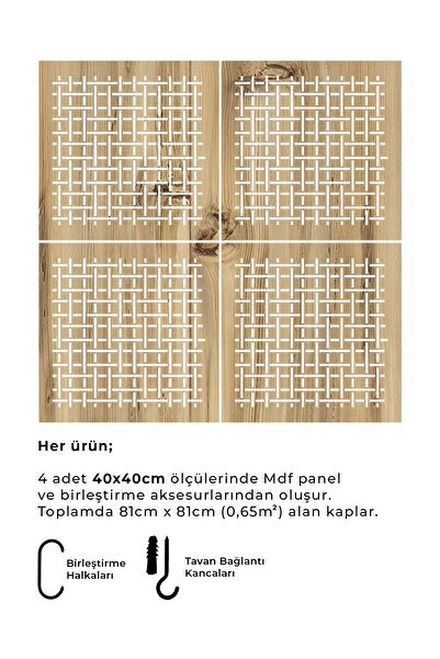 standarts Makta ® Lazer Kesim Sarkıt Paravan, Ahşap Seperatör, Oda Bölücü 4'lü Panel Levha Seti