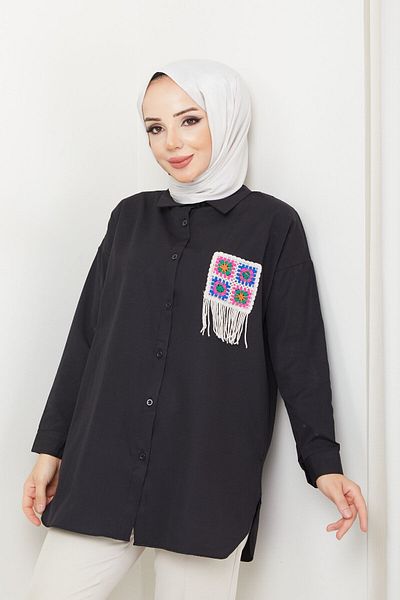 Pamuk Butik Γυναικείο μαύρο κεντημένο πουκάμισο