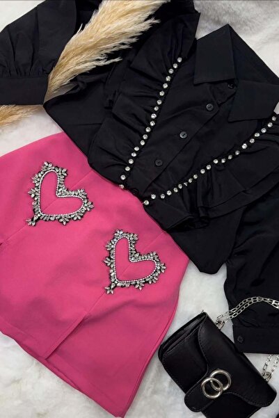 Riccotarz Girl's Stone Embroidered Ruffle Pink Skirt Suit