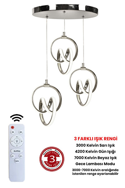RANSOM 3 Renk Kumandalı Krom Kasa Dimmerli Led Avize İmza 3'lü Ledli Avize