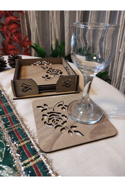hayalimhediyelik Wooden Rose Patterned Coasters Set of 6