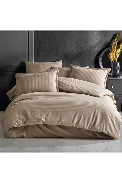 DENİZLİ ÇEYİZ Clasy Double Striped Satin Duvet Cover Set Light Brown