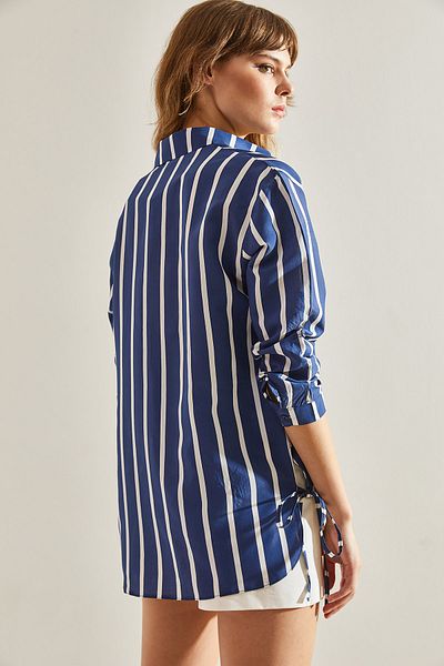 Bianco Lucci Modal Striped Oversize Women's Shirt - Drawstring Rope Tie Detail60251125