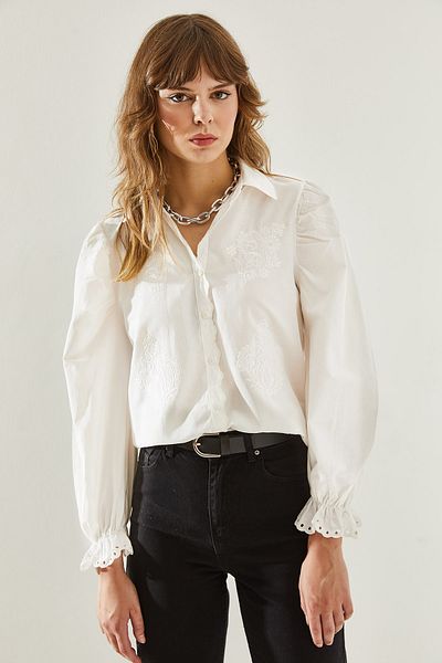 Bianco Lucci Linen Embroidered Women's Shirt - Scalloped Sleeve60251186