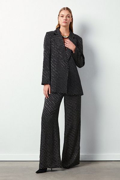 Sateen Stripe Patterned Trousers - Black