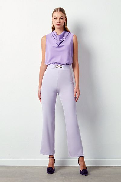 Sateen Pantaloni de damă cu detalii accesorii Liliac