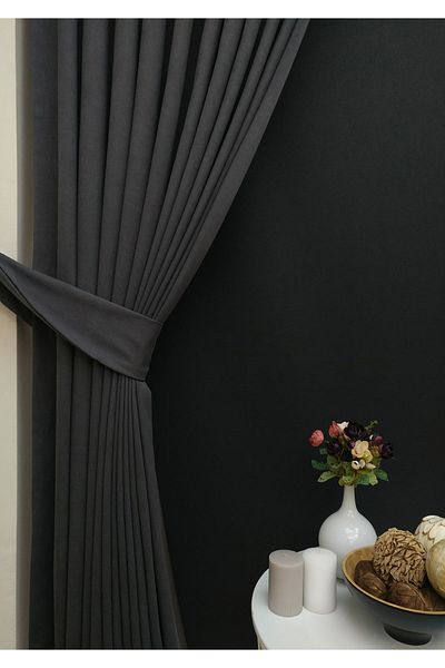 Evdepo Home Crown Anthracite Solid Color Background Curtain, Pleatless Flat Planting, Extraphore Drawstring, Single Wing