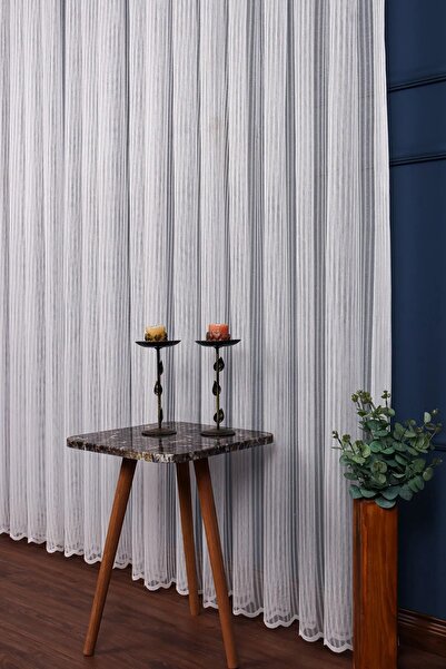 Evdepo Home Crown Striped Knitted Sparse Pleat, Tulle Curtain Single Wing - Ecru