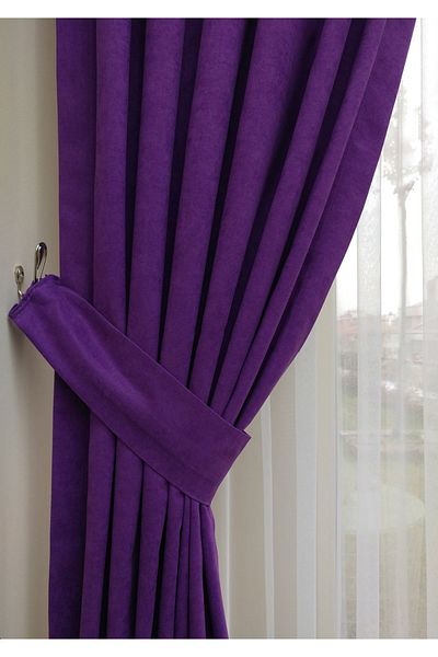Evdepo Home Crown Purple Solid Color Background Curtain, Pleatless Flat Planting, Extraphore Drawstring, Single Wing