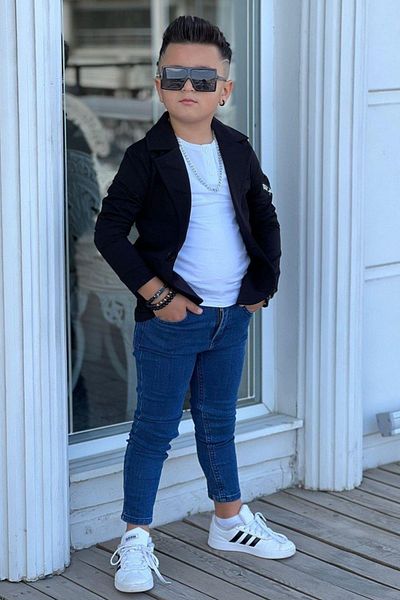Riccotarz Boy's Black Blazer Jacket and Long Sleeve T-Shirt - Embroidered Bottom Top Set