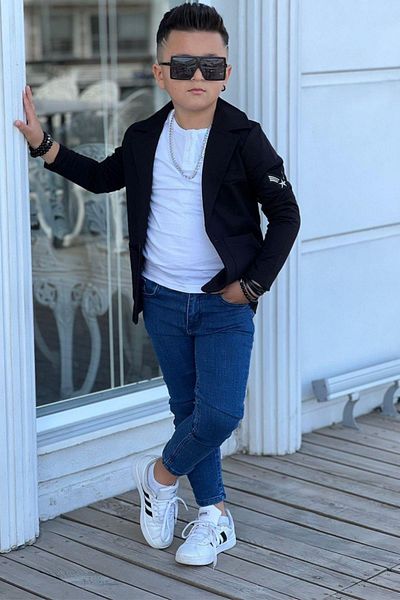 Riccotarz Boy's Black Blazer Jacket and Long Sleeve T-Shirt - Embroidered Bottom Top Set