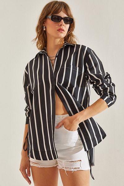 Bianco Lucci Modální pruhovaná oversize dámská košile – stahovací šňůrka provazová kravata Detail60251125