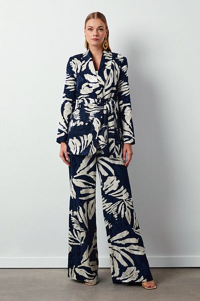 Sateen Floral Patterned Satin Trousers - Dark Blue