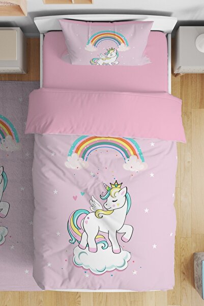 EVPANYA Taçlı Gökkuşağı Altındaki Unicorn Desenli Tek Kişilik Bebek Çocuk Nev...