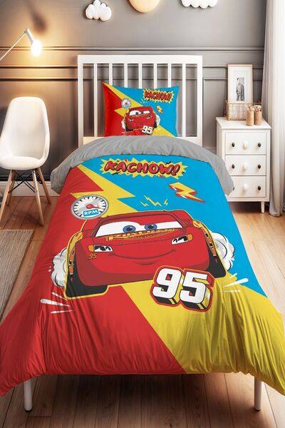 EVPANYA Mavi Kırmızı Mcqueen Desenli Tek Kişilik Bebek Çocuk Nevresim Seti