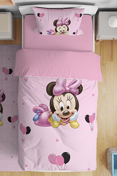 EVPANYA Pembe Balonlu Minnie Desenli Tek Kişilik Bebek Çocuk Nevresim Takımı