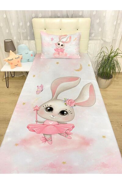 EVPANYA Sihirbaz Pembe Tavşan Desenli Yatak Örtüsü Ve Yastık Kılıfı