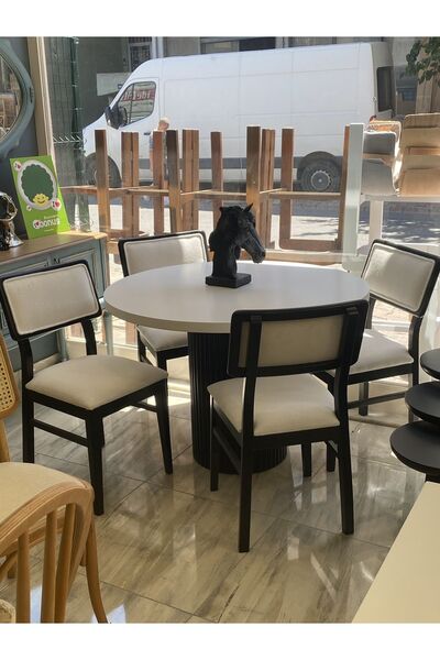 Alaylı Mobilya Koltuk Döşeme Ahşap Yuvarlak Masa (120X120) Ve Lizbon Ahşap Mutfak Sandalyesi - Siyah Ahşap Sandalye