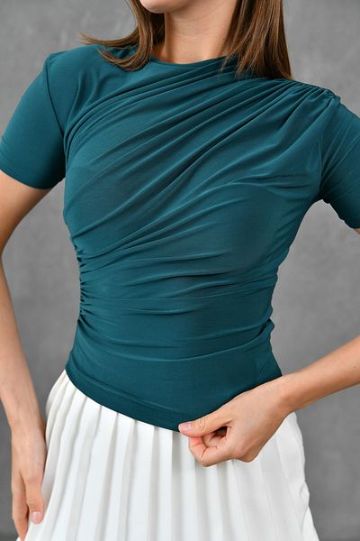 bayansepeti Emerald Stretch Fabric Gather Λεπτομέρεια Κοντό μανίκι Basic Μπλούζα 12244