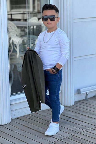 Riccotarz Boy's Khaki Blazer Jacket and Long Sleeve Khaki T-Shirt Set - Embroidered