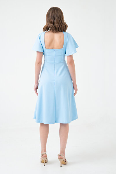 Secret Passion Lingerie Dámské volánové rukávy baby blue flexibilní potápěčská krepová látka čtvercový límec večerní šaty midi délky 082