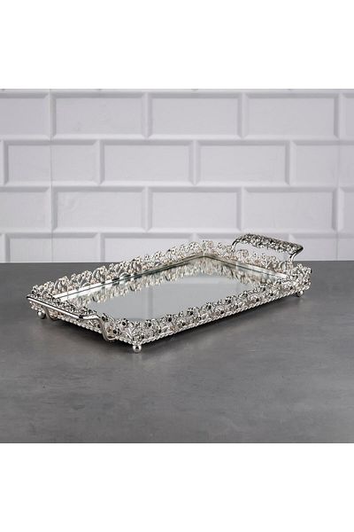 Hinora Tavă mică dreptunghiulară din piatră de diamant Tavă de prezentare pentru cafea cu mânere metalice în oglindă Tavă de ciocolată argintie