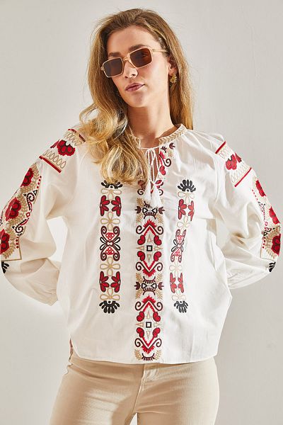 Bianco Lucci Modest Bluză de damă din in brodat cu broderie - guler legat 60181049