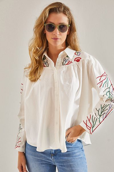 Bianco Lucci Modest Cămașă de damă din in - brodat, model 60181043