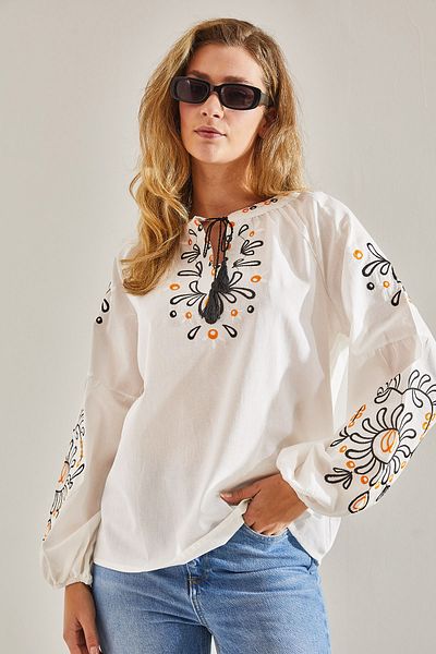 Bianco Lucci Modest Μπλούζα λινό - Κεντητή και γιακά γραβάτα, Model60181044