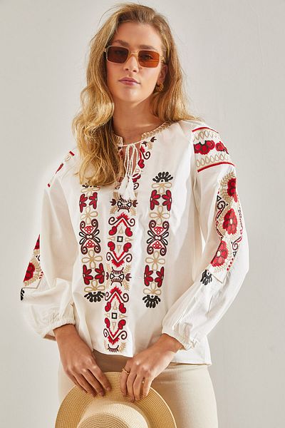 Bianco Lucci Modest Bluză de damă din in brodat cu broderie - guler legat 60181049