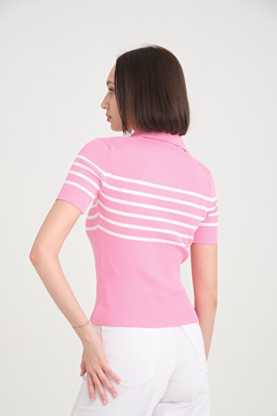 İLKCET MODA Εύκαμπτο πλεκτό με ριγέ V λαιμόκοψη