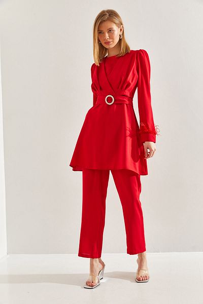 Bianco Lucci Zweiteiliges Set für Damen – schlichte Hose, Ärmel und Gürteldetail 60211019