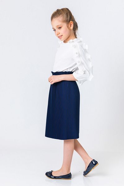 incity Girl's Navy Blue Belted Elastic Waist Pleated Midi Skirt