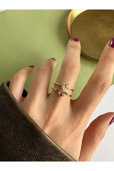 ringbox Gold Renkli Zirkon Taşlı Kalp Yüzük