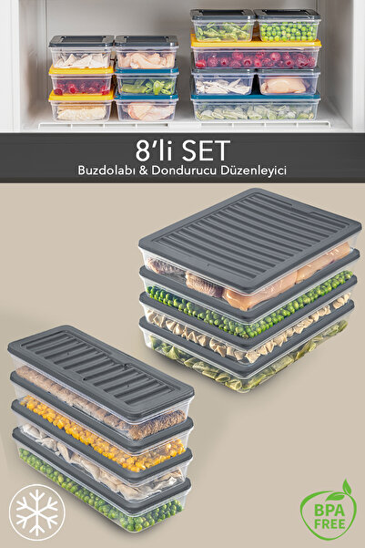 Meleni Home 8'li Saklama Kabı , Mikrodalga Uyumlu Erzak Saklama Kabı Antrasit 4x2400 Ml- 4x1170 ml