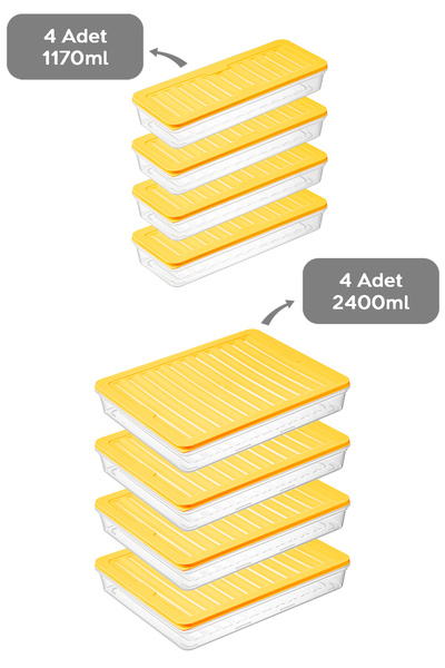 Meleni Home 8-Pack Food Storage Container - Microwave Compatible, Yellow, 4x2400 Ml-4x1170 ml