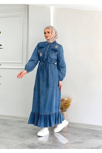 Cardella Camellia τζιν μακρύ χιτζάμπ φόρεμα Λεπτή καλοκαιρινή φούστα με πλισέ τζιν φόρεμα