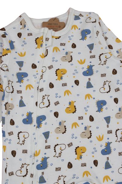Melekpare Dinosaur Patterned Baby Girl and Boy Romper - Long Sleeve, Double Zipper, 100% Cotton, Oeko Tex Certificate